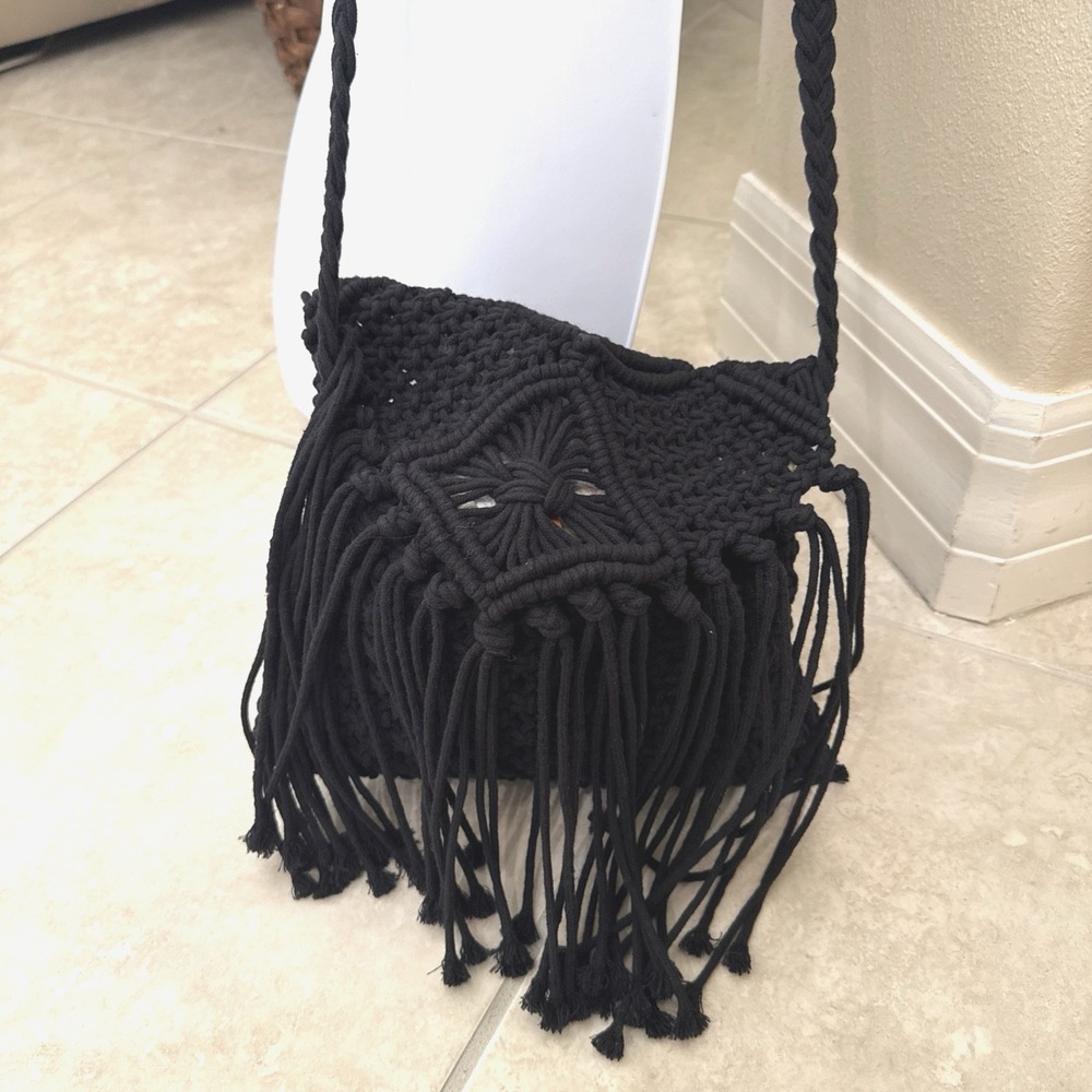 Mossimo Womens Purse Fringe Crochet Bohemian Black Festival Shoulder Bag Hippie